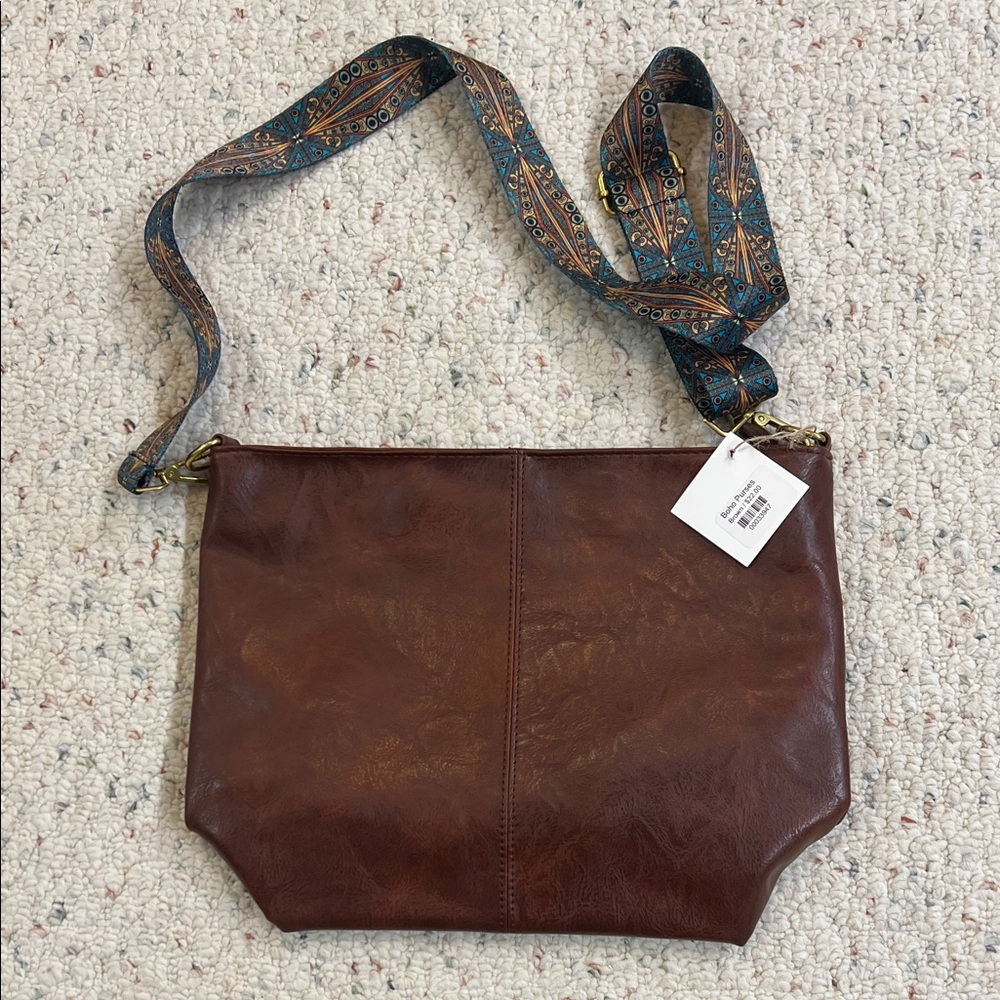 Boho Brown Faux Leather Crossbody Bag with Detachable Patterned Strap